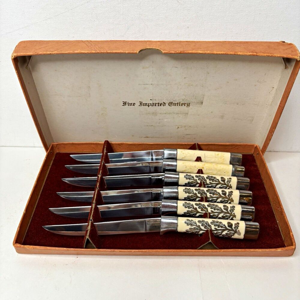 Solingen 6-Pc Stainless Steel Knife Set w/ Case, Faux ivory silver Leaf Handles